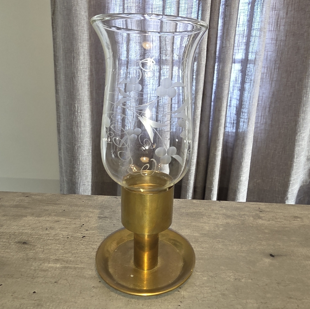 Vintage brass candle holder with an etched glass hurricane shade